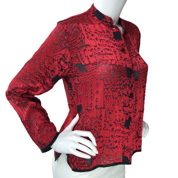 Chicos Design Womens Size 0 US 4 Top Silk Blend Burnout Shirt Button Front Red - Picture 10 of 14